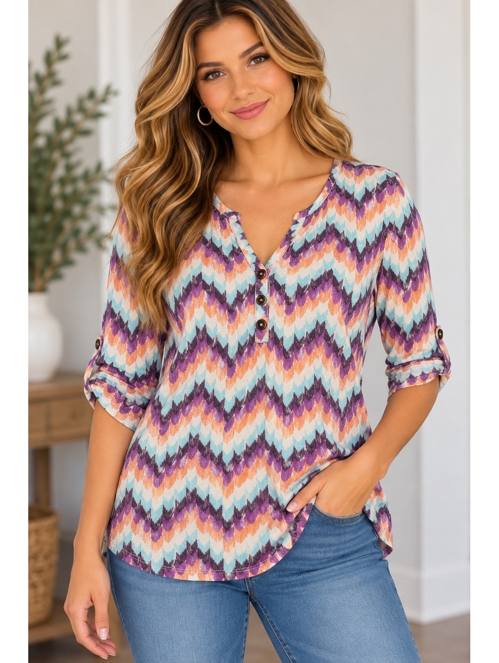 Pomelo Women's Button-Up Shirt with Colorful Chevron Pattern